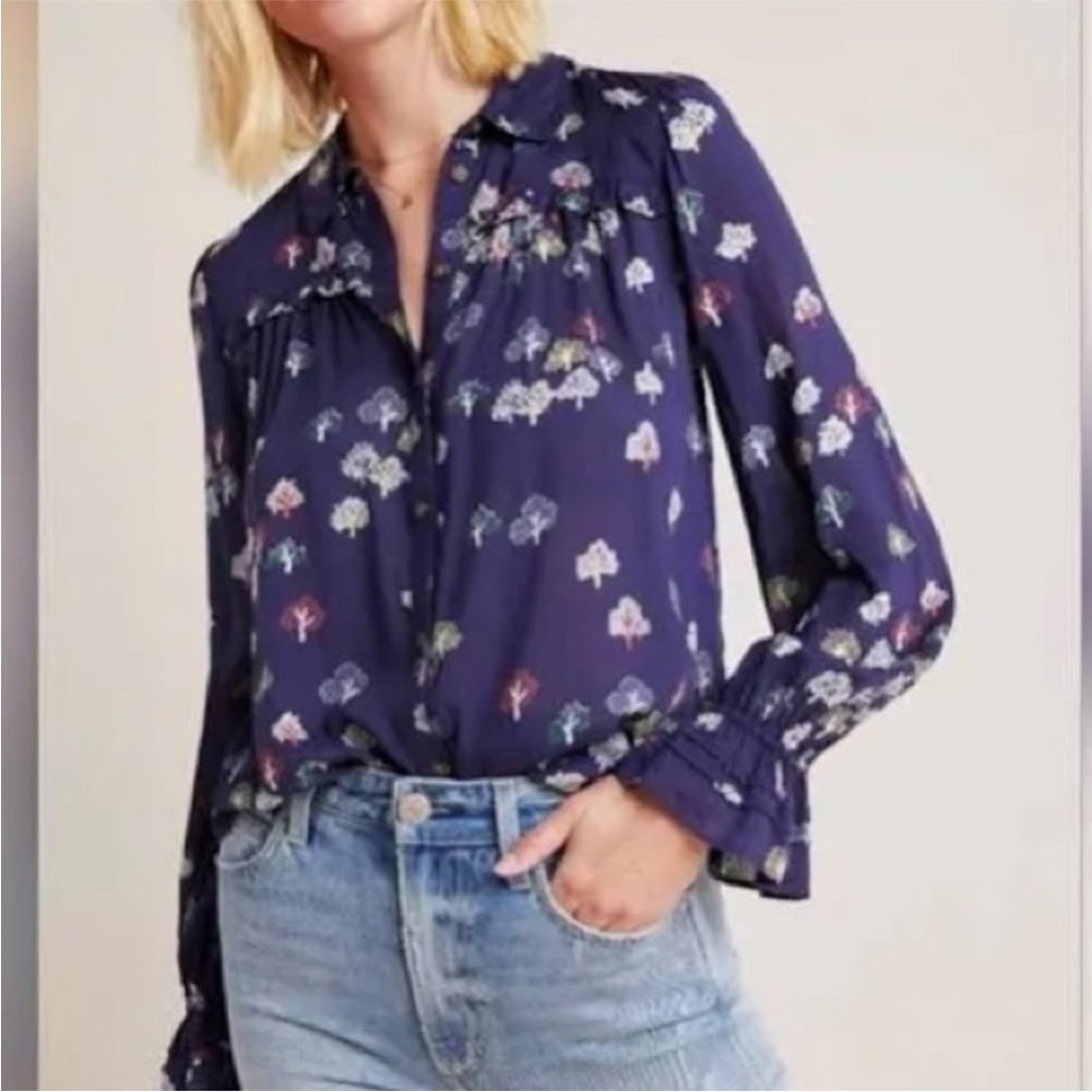 Anthropologie Maeve Navy Tree Button-Front Blouse
